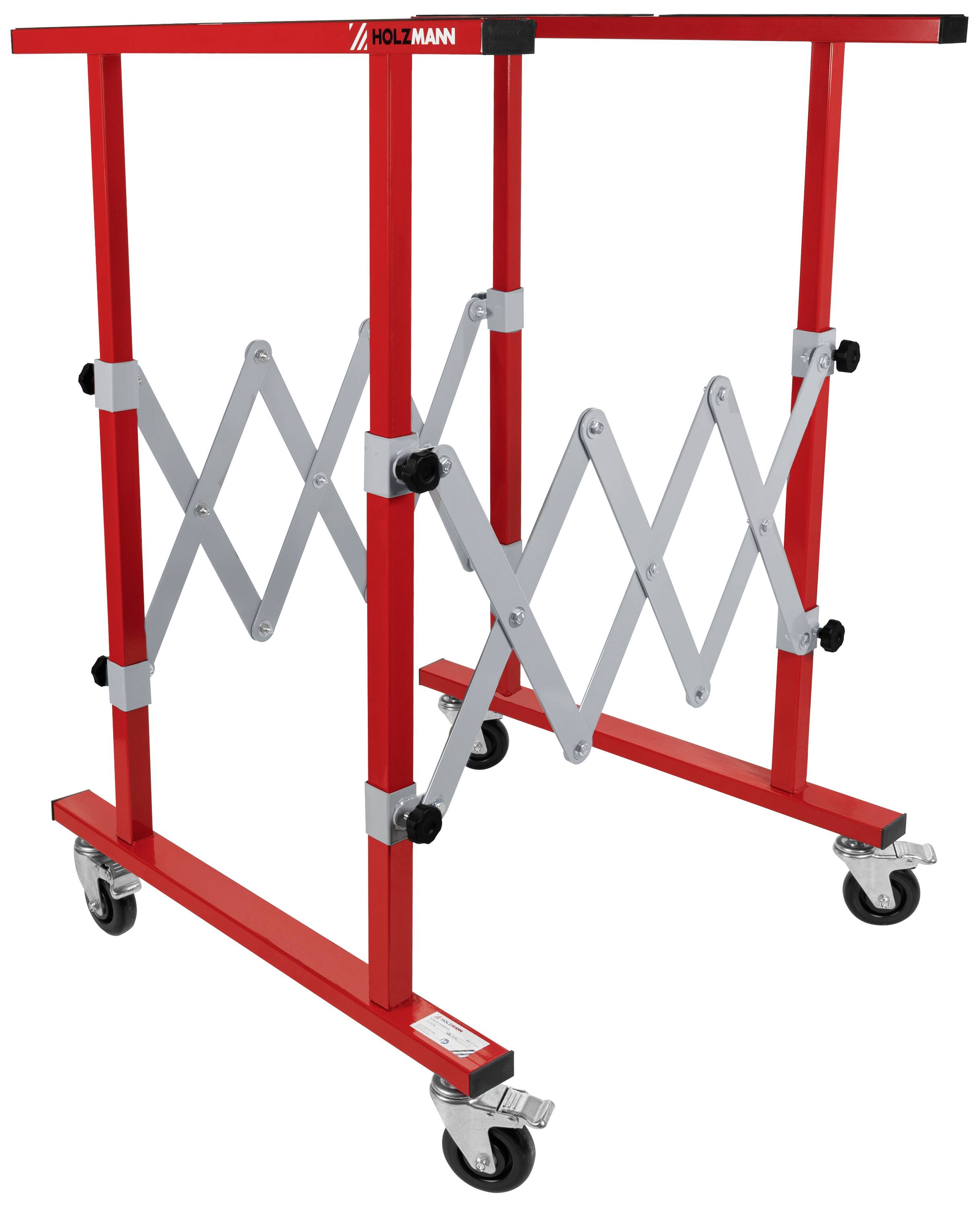 Établi mobile rouge avec mécanisme en zigzag gris, réglable en hauteur et monté sur quatre roulettes, adapté pour une utilisation en atelier.