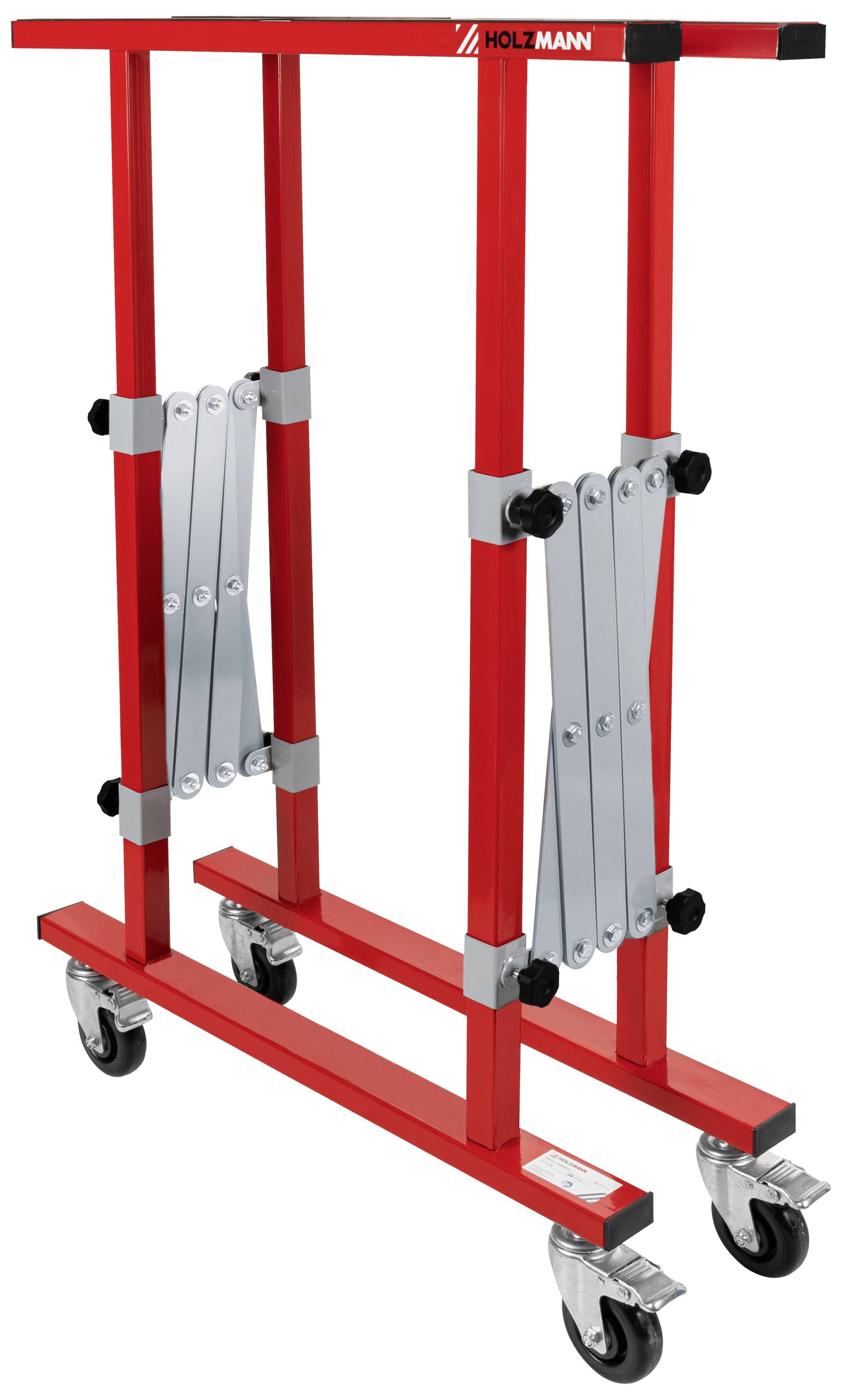 Chariot de transport rouge à quatre roues avec supports latéraux réglables, adapté au déplacement de plaques lourdes ou de portes.