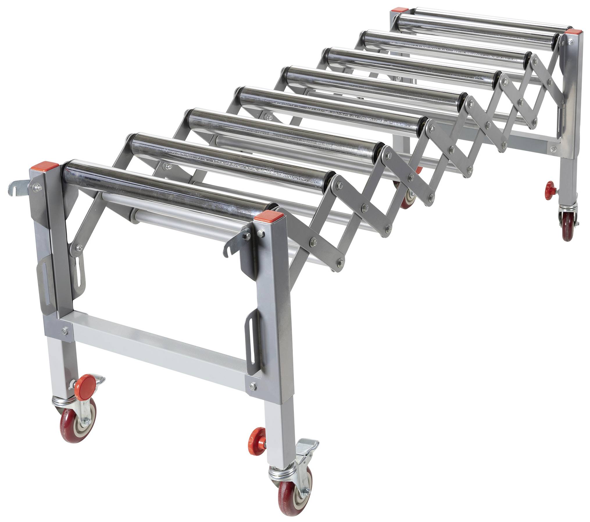 Bande transporteuse extensible et pliable, équipée de rouleaux montés sur des roues, adapté au transport de marchandises dans les entrepôts ou les usines.