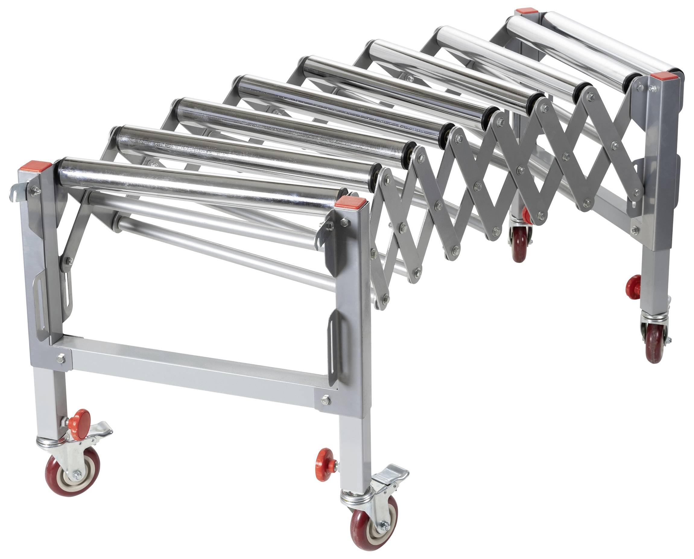 Convoyeur à rouleaux métallique extensible avec des rouleaux rouges, adapté au transport de colis dans les entrepôts ou les usines.