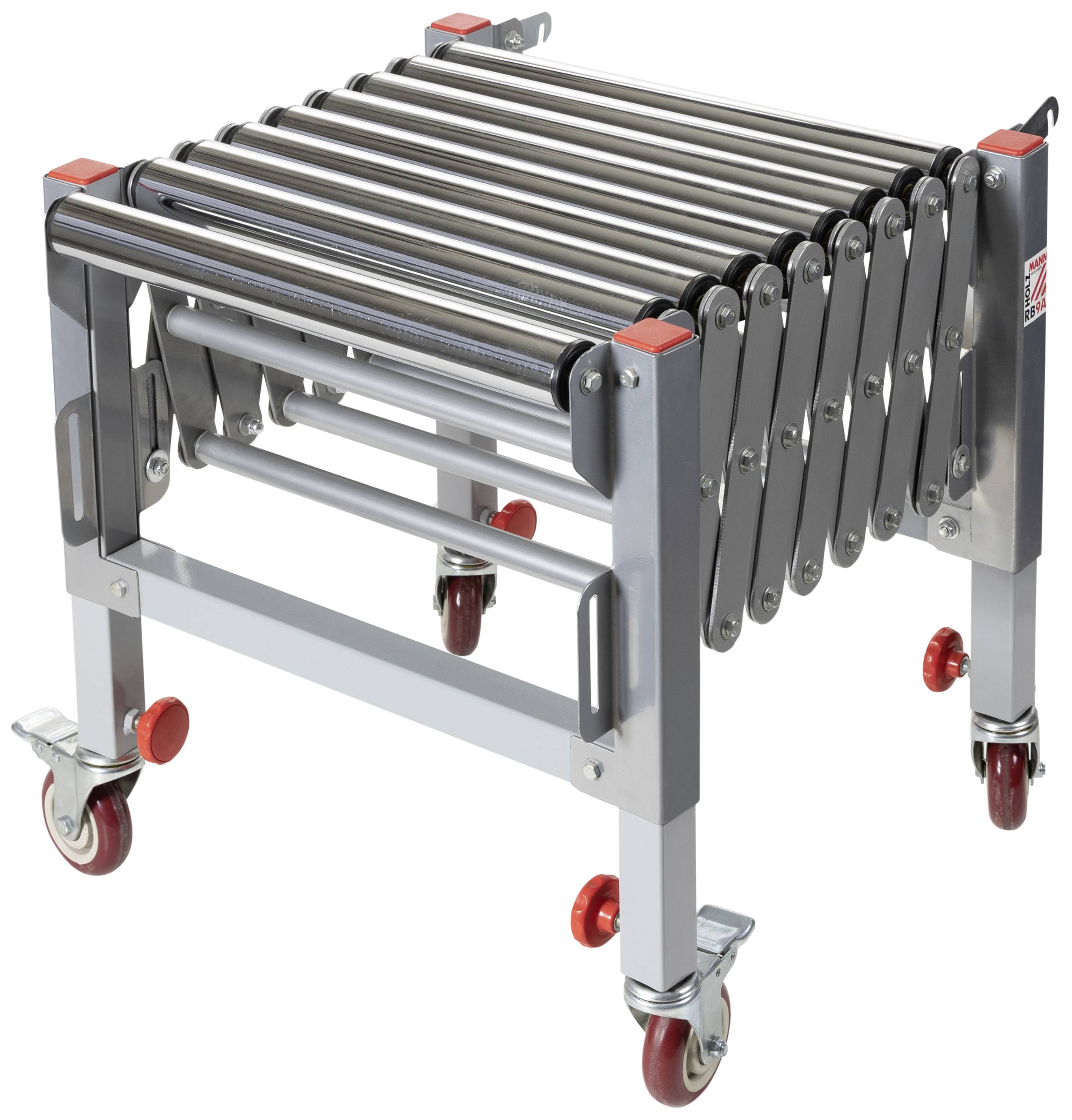 Une table roulante télescopique avec des rouleaux métalliques et des roues rouges, utilisée pour le transport de marchandises dans les entrepôts ou lors de livraisons.