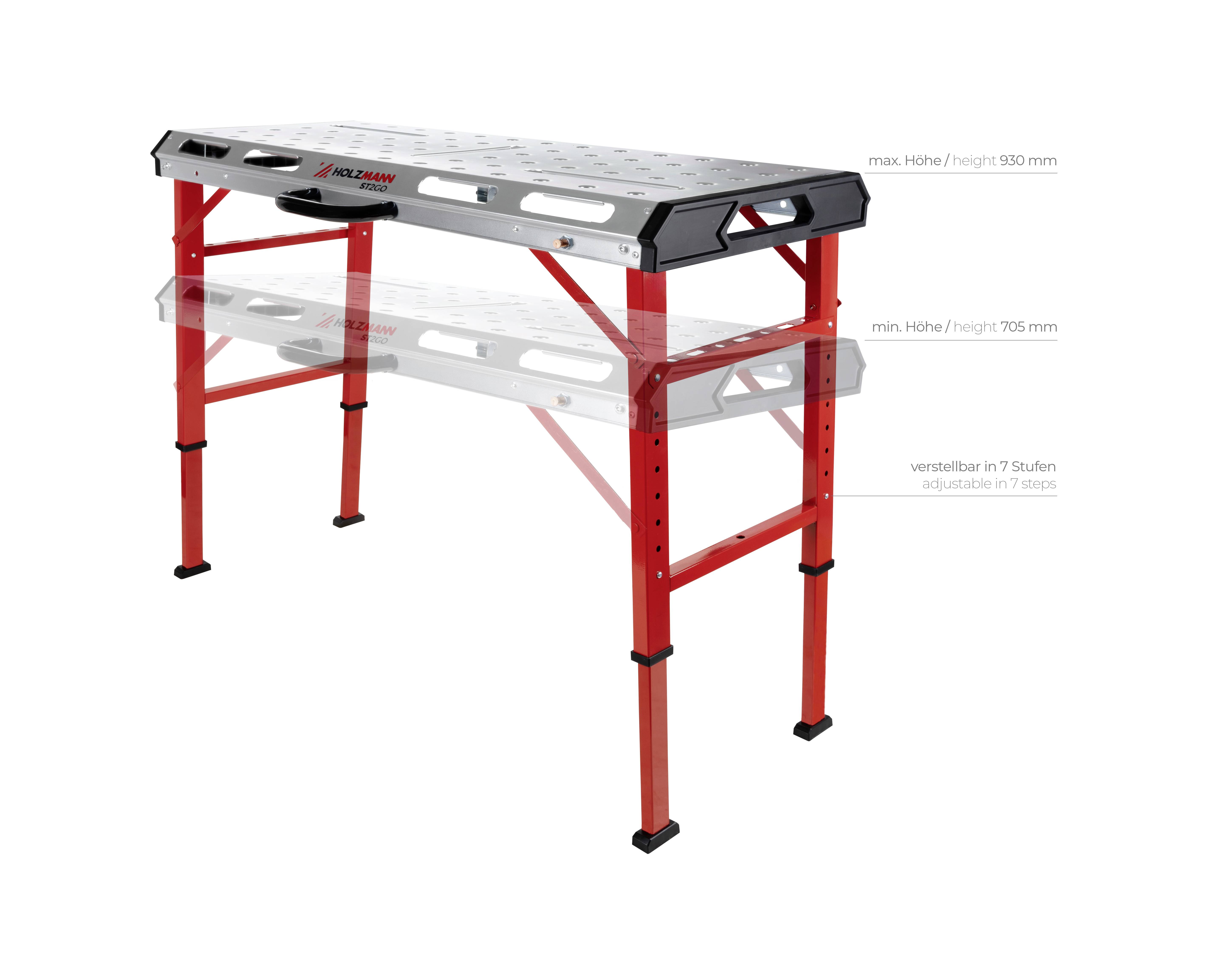 Table de travail avec pieds réglables rouges, hauteur maximale de 930 mm, hauteur minimale de 705 mm. Réglage de la hauteur possible en 7 étapes.