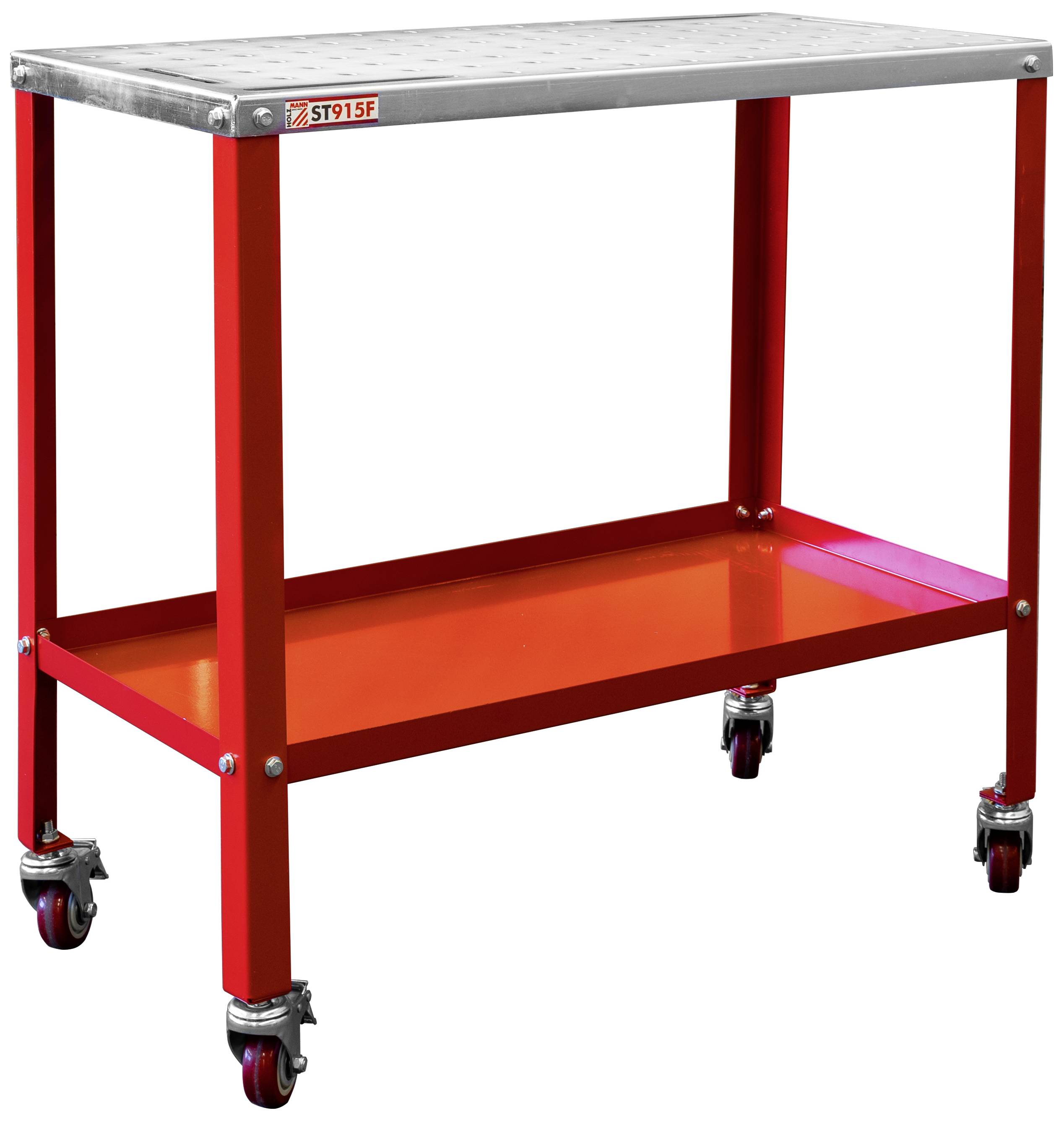 Un chariot d'atelier rouge avec une plaque métallique et une étagère inférieure. Le chariot est équipé de quatre roues pour une mobilité facile.