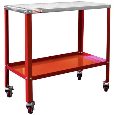 Un chariot d'atelier rouge avec une plaque métallique et une étagère inférieure. Le chariot est équipé de quatre roues pour une mobilité facile.