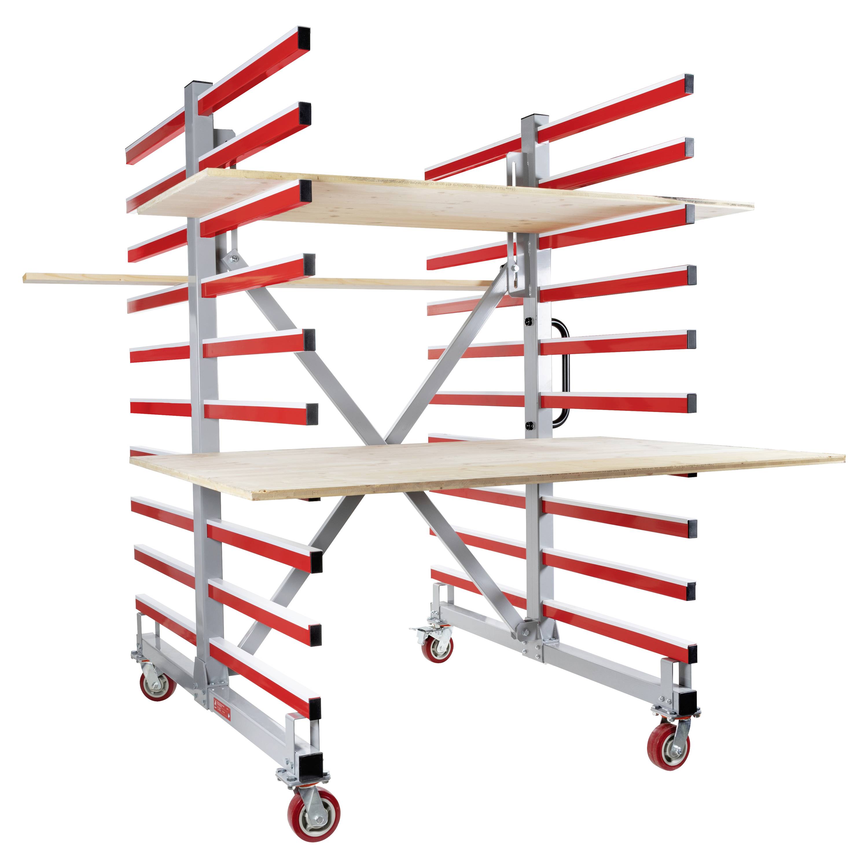 Un chariot de séchage mobile avec des montants et des roues rouges. Il dispose de plusieurs niveaux pour le stockage ou le séchage de matériaux.