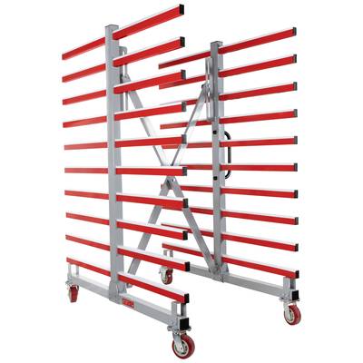 Un support métallique avec plusieurs étagères horizontales en rouge, monté sur des roulettes en bas. Il est probablement utilisé pour le rangement.