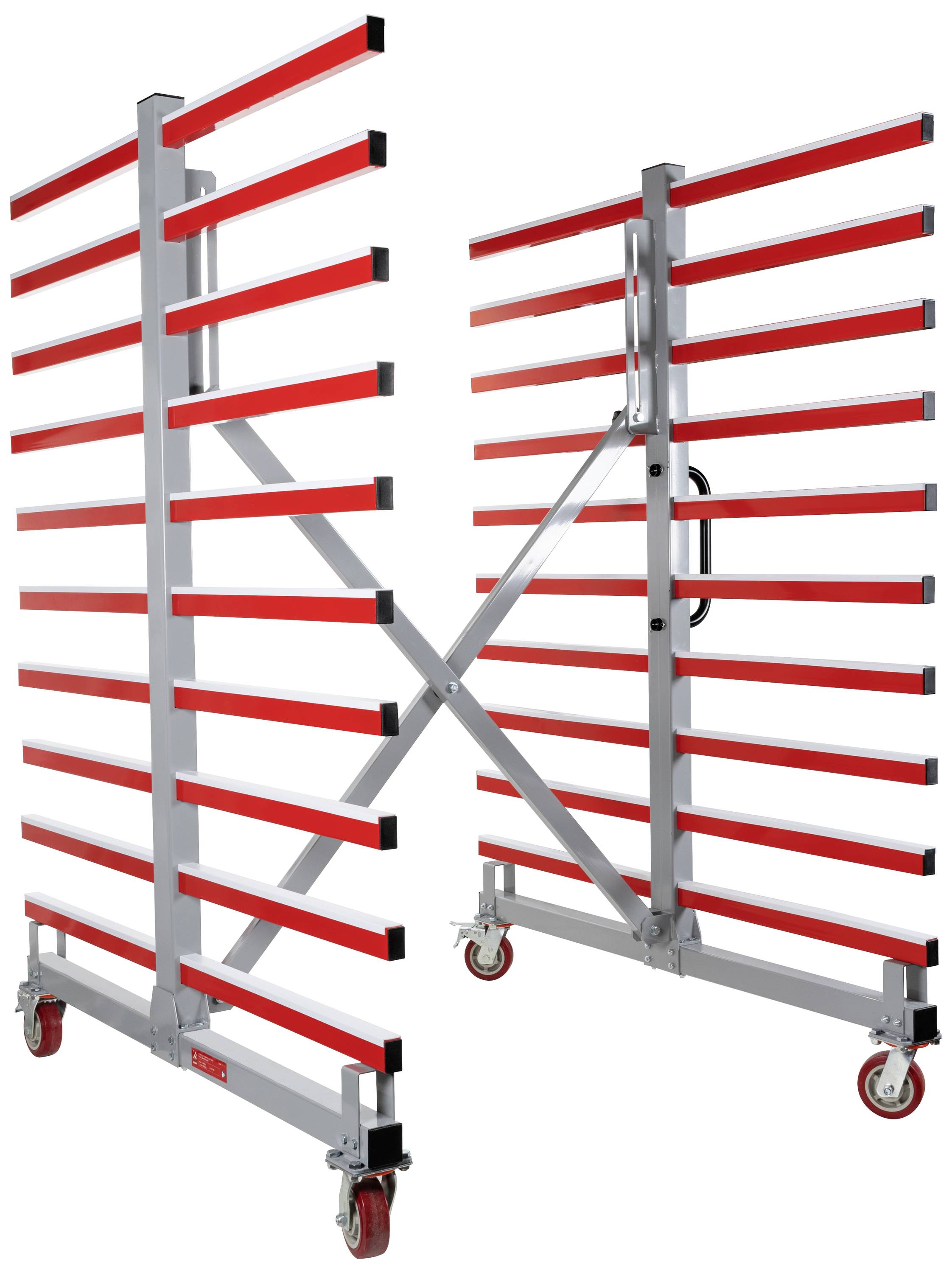 Une étagère mobile avec plusieurs tablettes rouges, adaptée au stockage ou au transport d'objets plats.