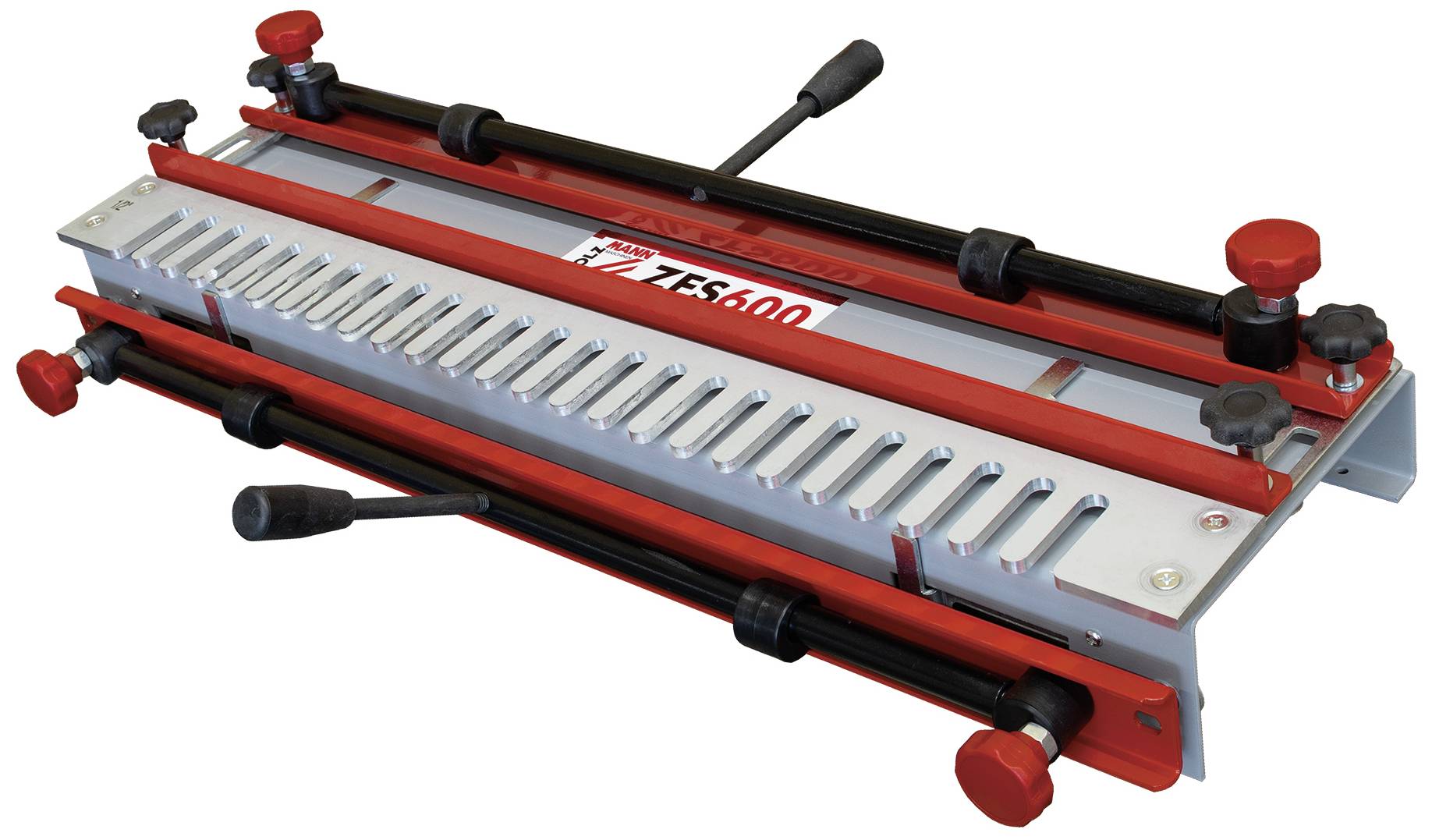 Un gabarit de jonction en bois rouge et argenté ZES-600 avec des pinces réglables et des échelles pour un usinage précis du bois.