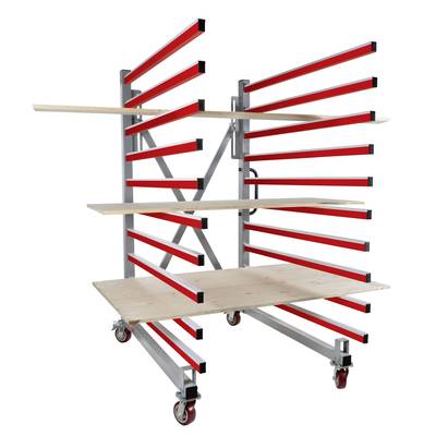Un support métallique sur roulettes avec plusieurs étagères coulissantes en bois, adapté au stockage ou au séchage de matériaux en plaques.