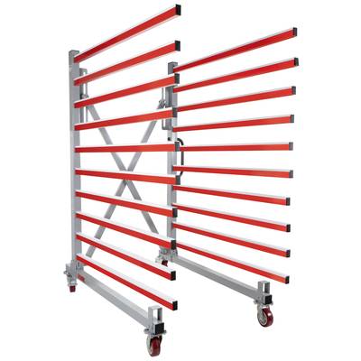 Un rayonnage mobile à séchage avec plusieurs étagères coulissantes et des roulettes, idéal pour le stockage et le séchage de matériaux plats.