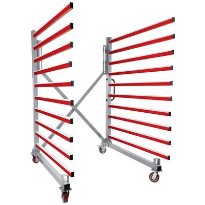 Chariot de transport avec des barres horizontales marquées en rouge pour le transport de matériaux. Monté sur quatre roulettes pour une mobilité facile.
