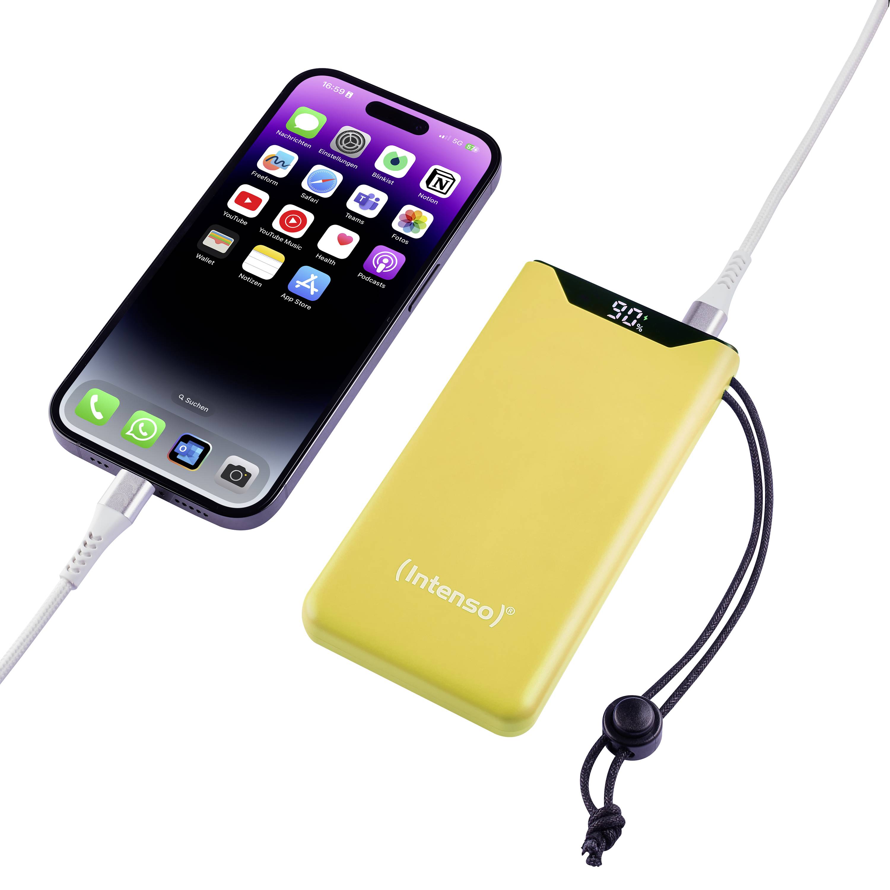 Smartphone et batterie externe avec écran indiquant le niveau de charge. Le smartphone est rechargé via un câble connecté à la batterie externe.