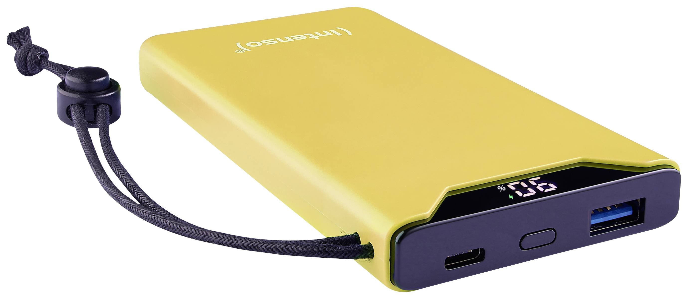 Batterie externe jaune avec un câble noir. Un voyant LED indique le niveau de charge. Équipée de ports USB et USB-C.