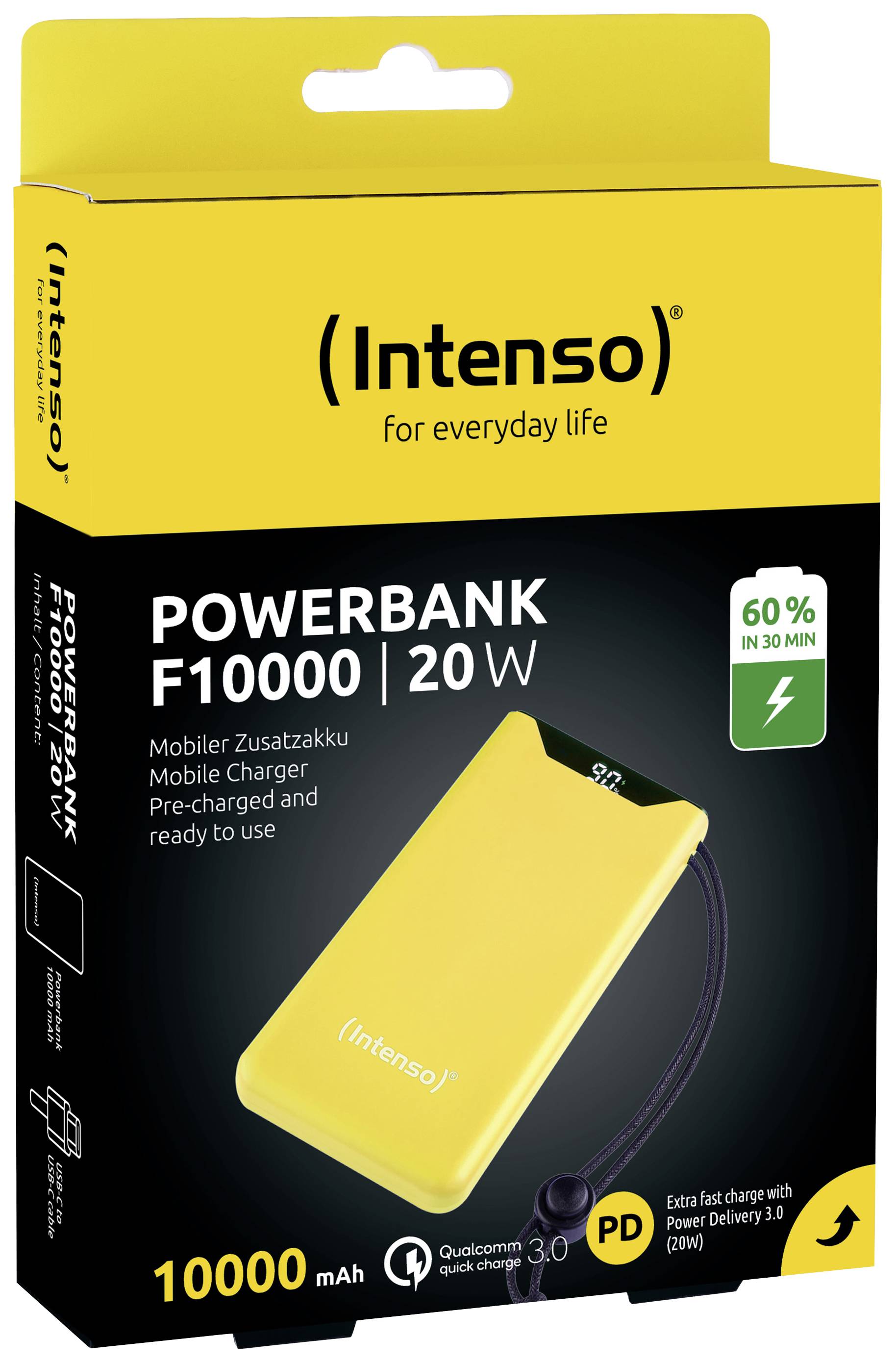 Emballage jaune d'une batterie externe Intenso F10000, 20W. Description : 60% de charge en 30 min, 10000 mAh, préinstallée et prête à l'emploi.