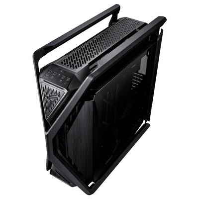 Boîtier d'ordinateur noir, futuriste, avec des poignées et des fentes de ventilation sur le dessus. Le design paraît moderne et robuste, idéal pour les PC de gaming.