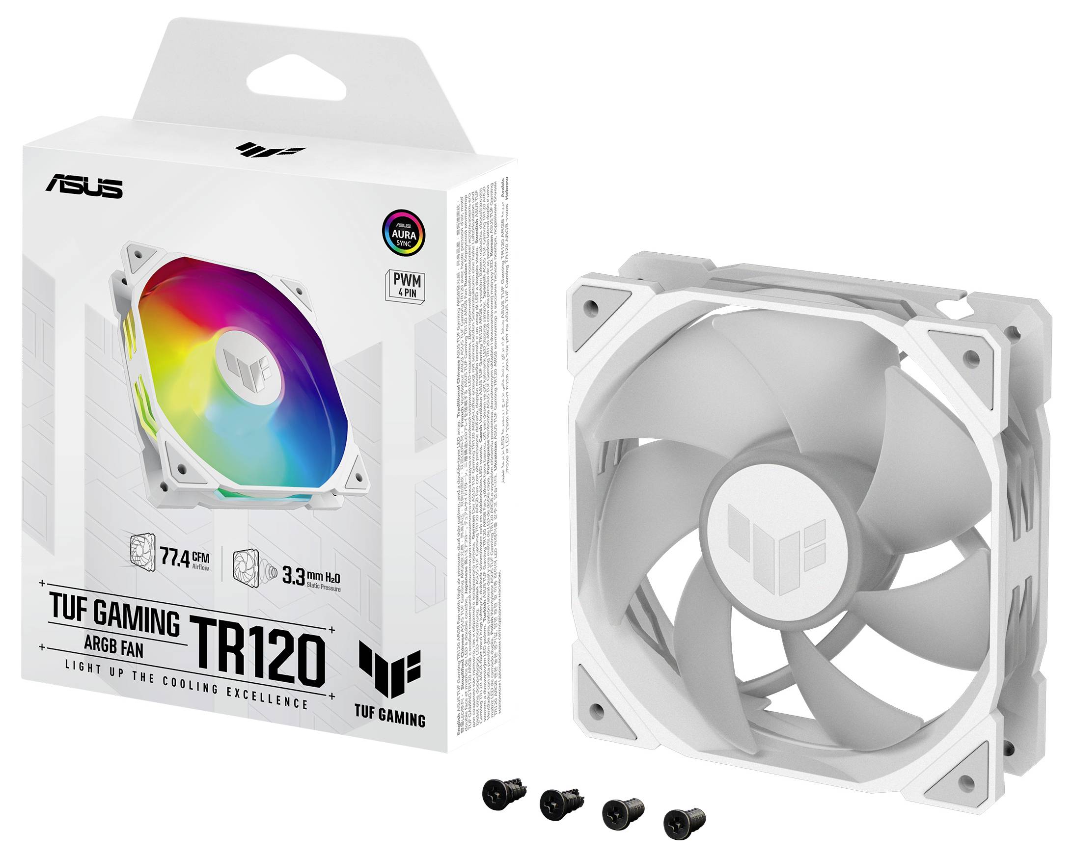 Ventilateur de la marque ASUS TUF Gaming TR120 avec éclairage ARGB, montrant l'emballage et le ventilateur. Quatre vis sont incluses.