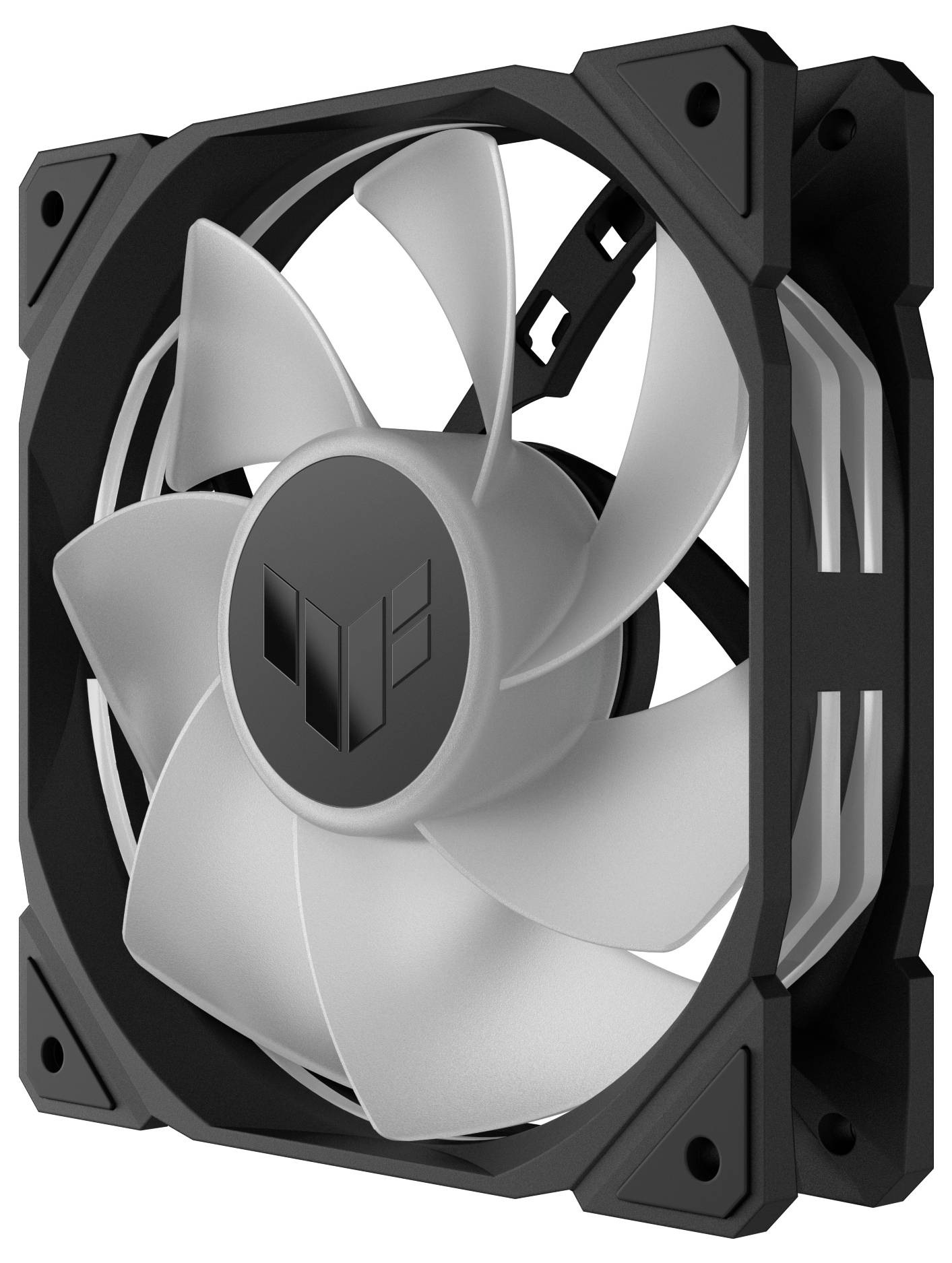 Ventilateur d'ordinateur noir avec des pales blanches dans un cadre carré, utilisé pour le refroidissement d'ordinateur.