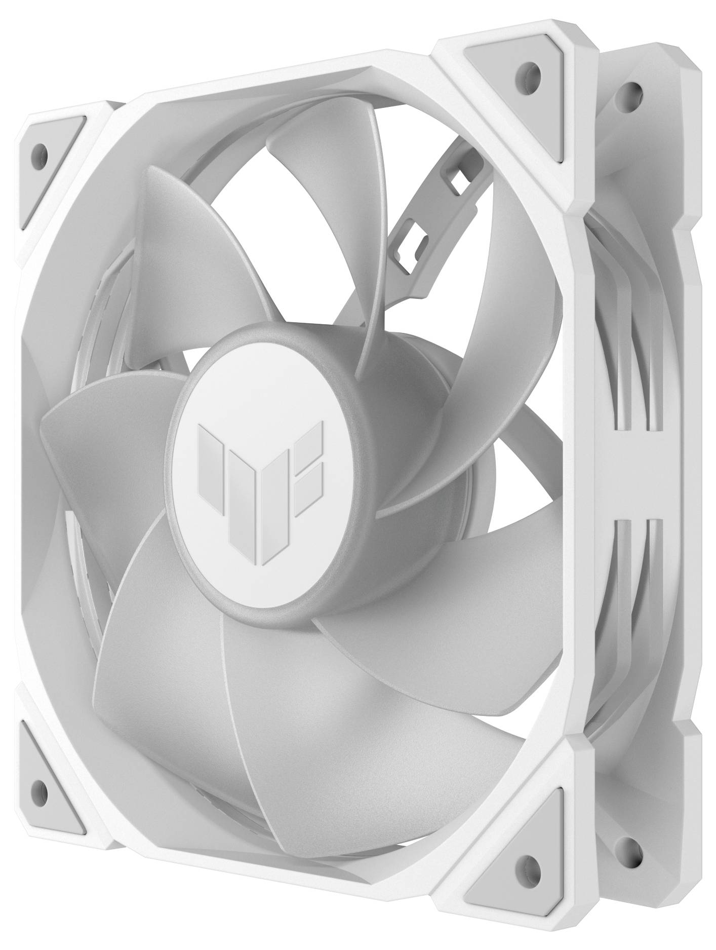 Ventilateur de boîtier PC en blanc avec sept pales, logo distinctif au centre et cadre carré, offrant un refroidissement et un flux d'air.