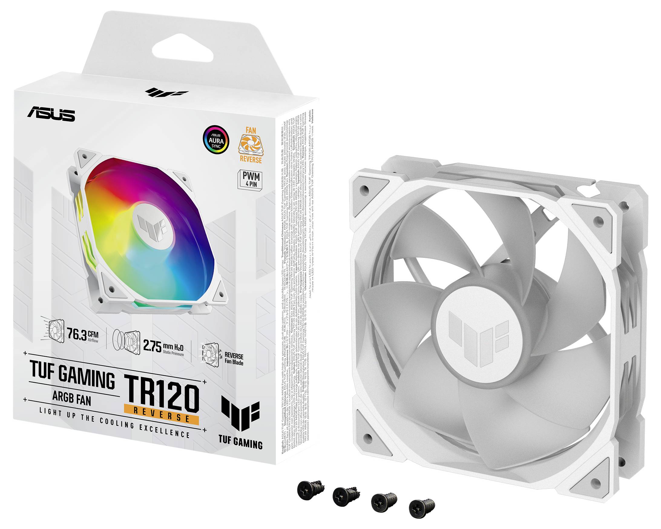 Un ventilateur ASUS TUF Gaming TR120 ARGB blanc à côté de son emballage, qui présente son éclairage RVB et ses spécifications techniques.