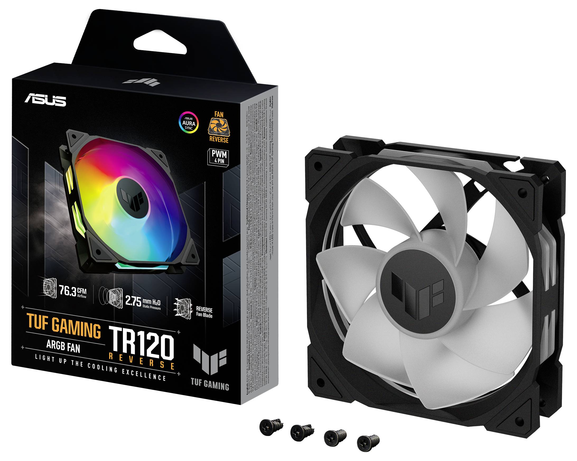 Ventilateur de boîtier 'TUF Gaming TR120 Reverse' d'ASUS, présente l'emballage et le ventilateur avec éclairage RVB. Comprend des vis de montage.