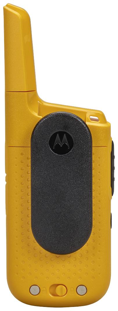 Un talkie-walkie jaune avec un clip noir et une antenne, vue de côté. Idéal pour la communication en extérieur et doté d'un design robuste.