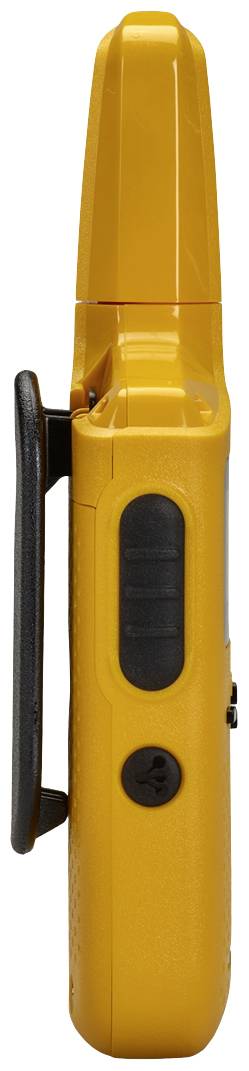 Un talkie-walkie jaune vu de côté, montrant son design avec clip et les commandes latérales.
