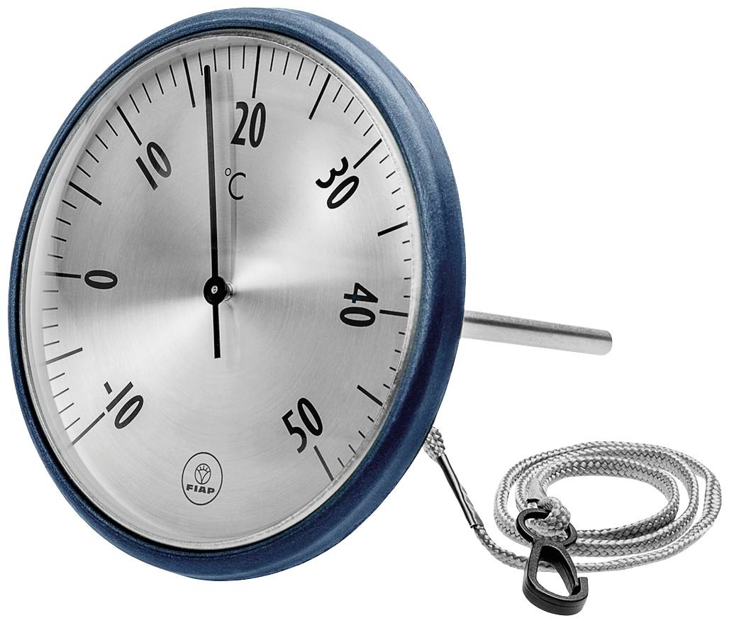 Thermomètre métallique rond avec une échelle de -10 à 50 degrés Celsius et bordure bleue. Aiguille positionnée à 0 degré. Aiguille argentée et cordon.