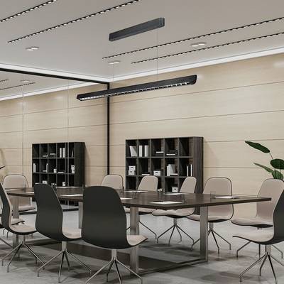 Une salle de conférence moderne avec une grande table, entourée de dix chaises. Des étagères garnies de livres et de plantes sont disposées le long des murs.