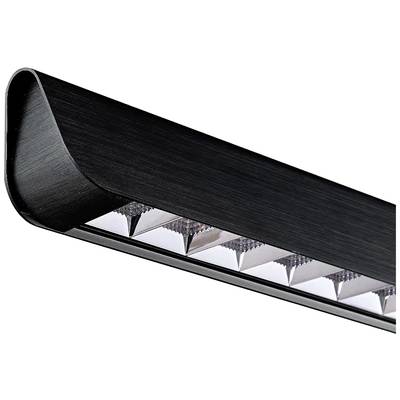 Une longue barre lumineuse LED noire avec des éléments géométriques réfléchissants sur sa face inférieure.
