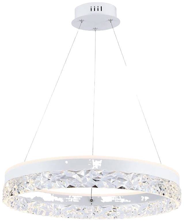 Un lustre rond et moderne, orné de décorations en cristal, est suspendu par de fins fils au plafond.