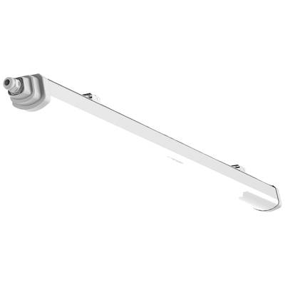 Un éclairage LED linéaire blanc avec boîtier cylindrique et support mural, vu sous un angle légèrement oblique.