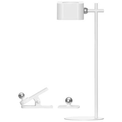 Lampe blanche moderne avec abat-jour cylindrique, ensemble de montage avec pince et boule magnétique. Design minimaliste.