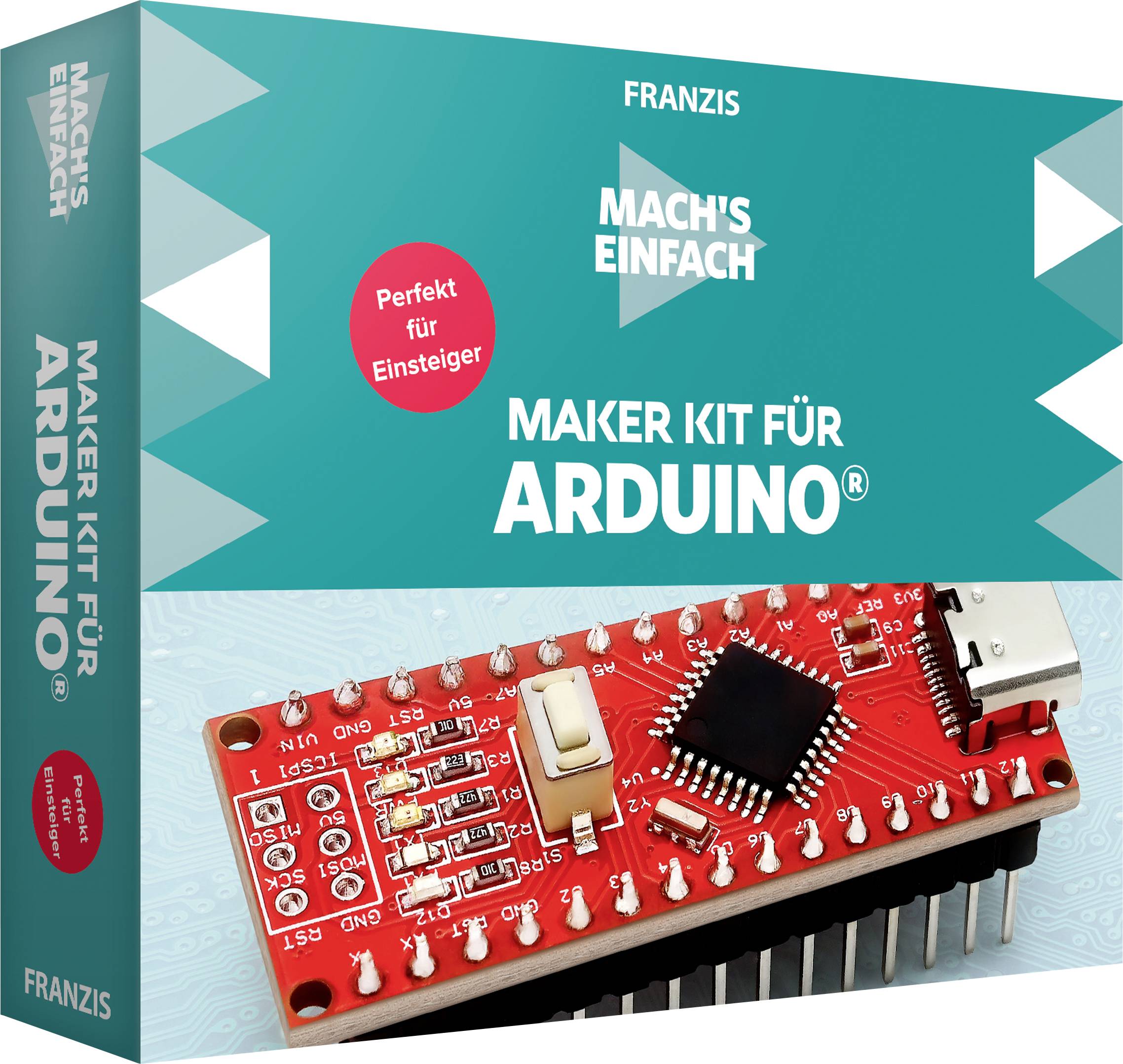 Kit Arduino avec des cartes de circuit imprimé rouges et des composants sur l'emballage. Texte : 'Parfait pour les débutants'.