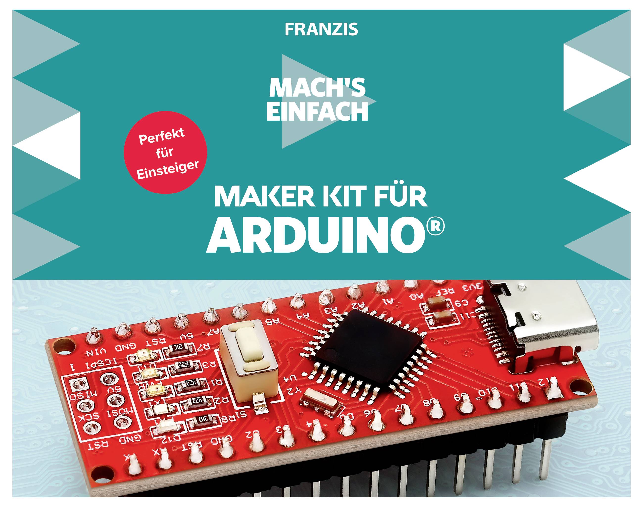 Kit de Maker pour Arduino® sur un fond turquoise avec un graphique de circuit imprimé rouge. Texte : 'Parfait pour les débutants'.