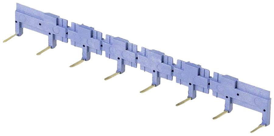 Pièce de plastique bleue avec plusieurs broches alignées, utilisée pour la connexion électrique ou mécanique.
