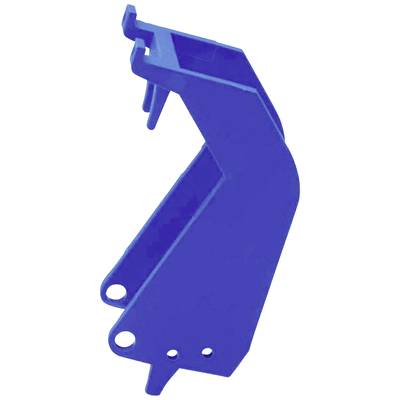 Pièce en plastique bleue, rectangulaire, de forme incurvée avec deux trous sur le bord inférieur.