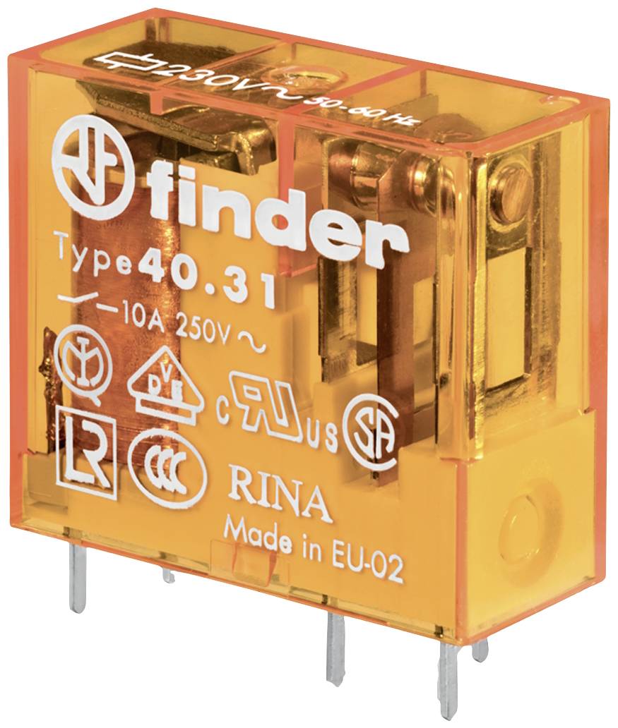 Un relais orange de type 'finder 40.31', pour 10A 250V, fabriqué dans l'UE.
