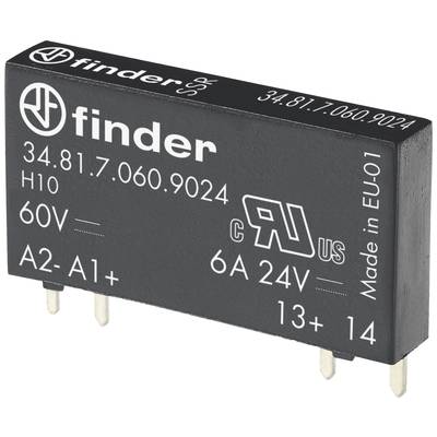Un relais noir portant l'inscription 'finder'. Tension 60V, courant 6A à 24V. Numéro de modèle 34.81.7.060.9024. Fabriqué dans l'UE.