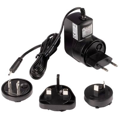 Un chargeur universel noir avec un câble amovible et trois adaptateurs différents pour prises internationales.