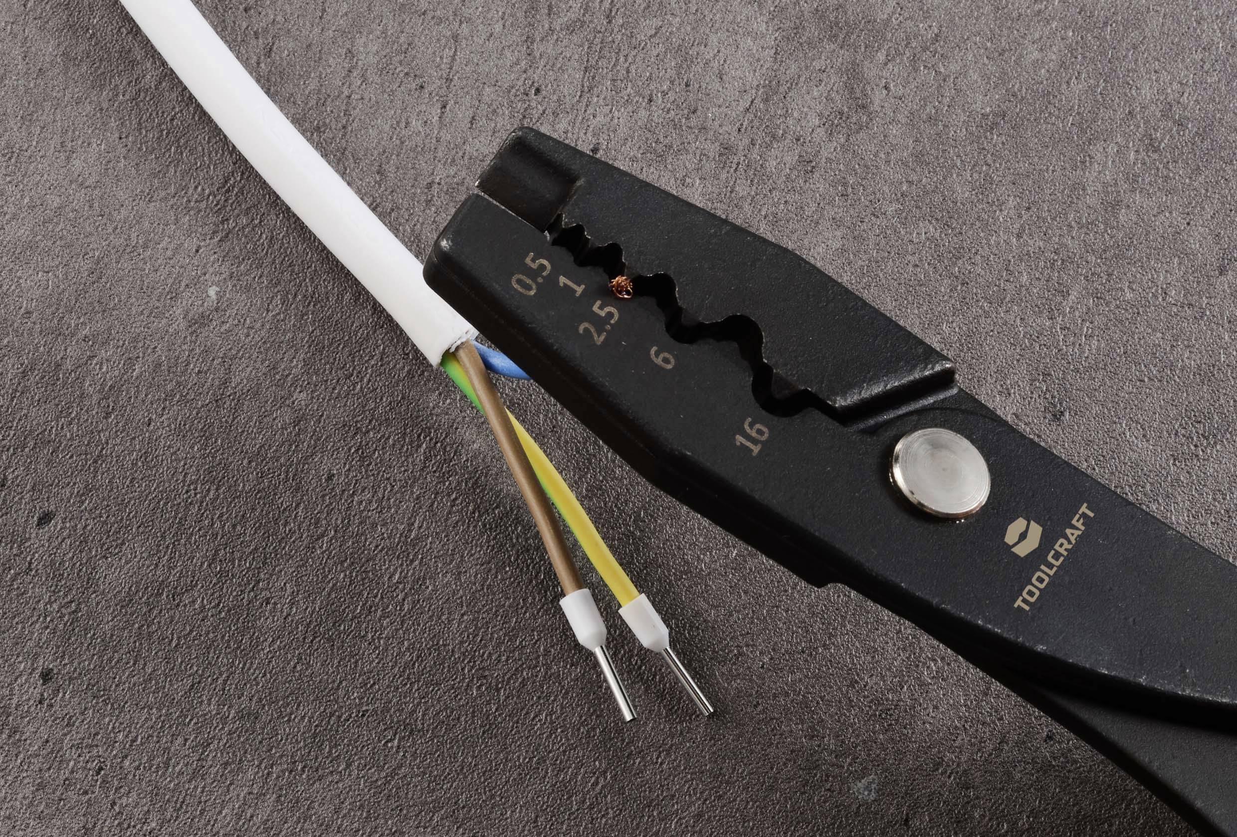 Un câble est maintenu par une pince à dénuder, révélant trois conducteurs dénudés.