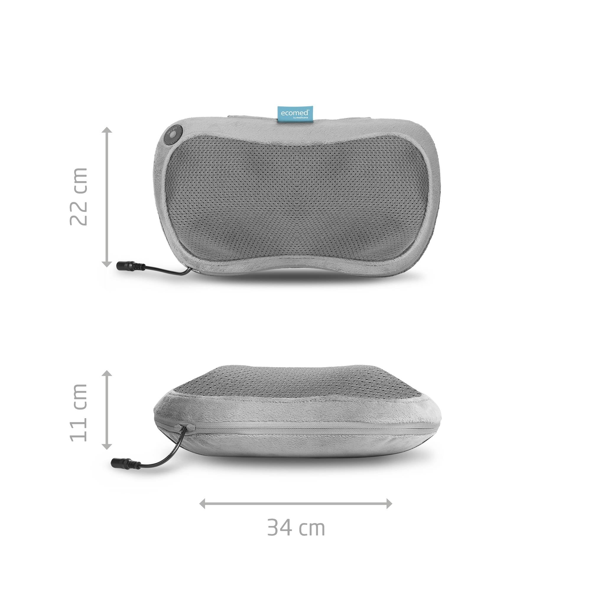 Deux vues d'un coussin de massage : En haut vue de face, en bas vue latérale avec dimensions 34 cm de longueur, 11 cm de hauteur, 22 cm de largeur.
