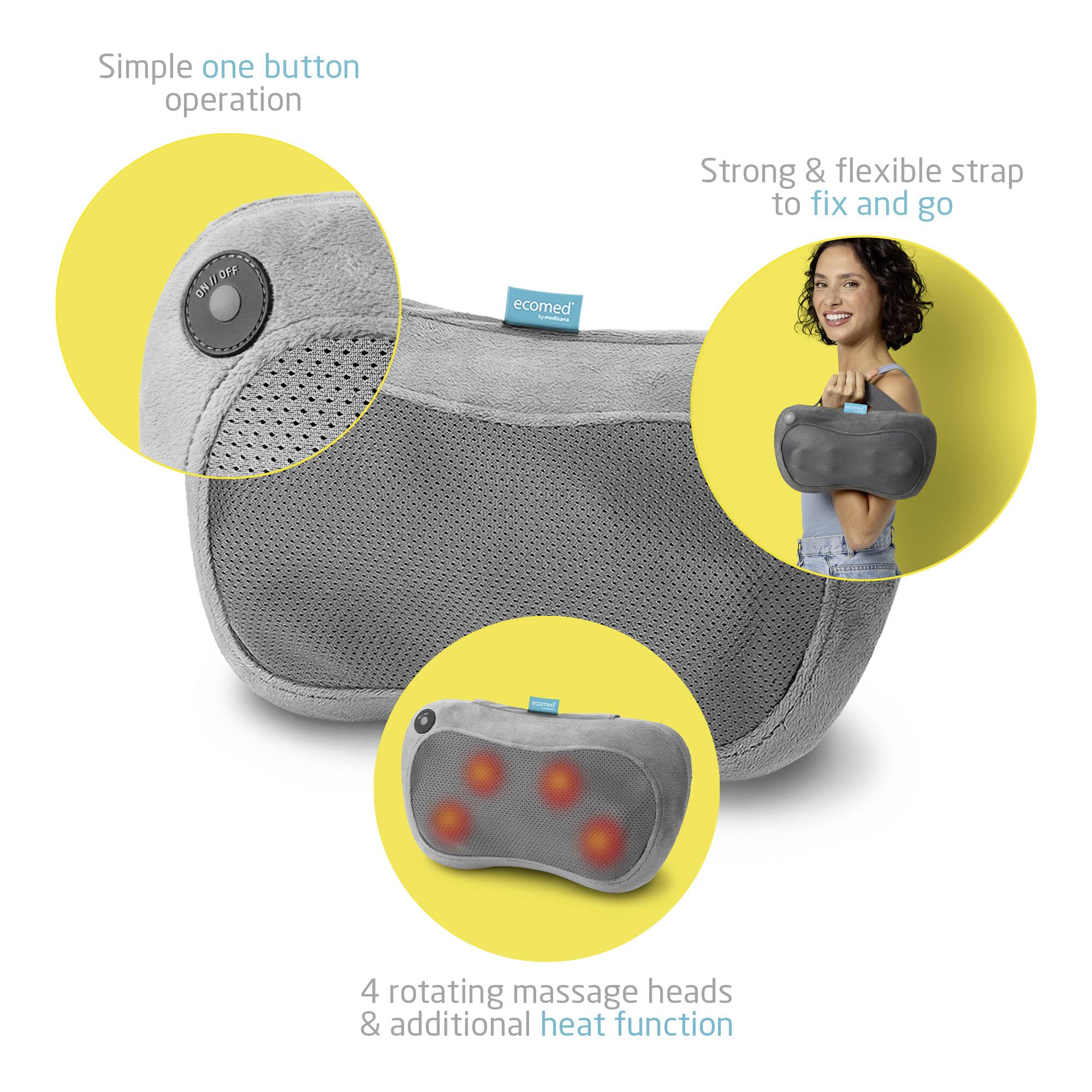 Coussin de massage gris doté d'un bouton, de quatre têtes de massage rotatives, d'une fonction chauffante et d'une sangle flexible. Une femme tient le coussin.