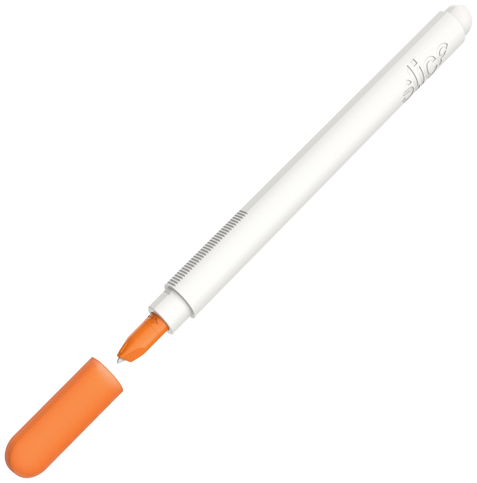 Un stylo blanc avec un capuchon orange amovible, sa pointe et sa prise visibles.