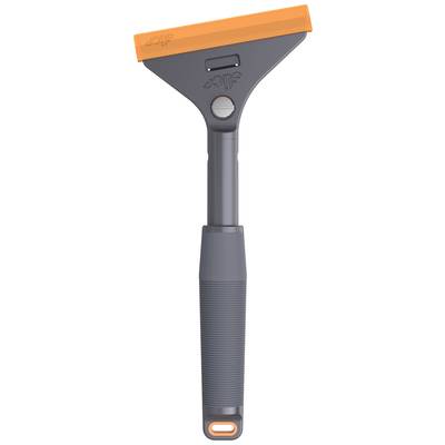 Un raclette de fenêtre gris avec une bande de caoutchouc orange et une poignée striée. Idéal pour éliminer l'eau des surfaces vitrées.