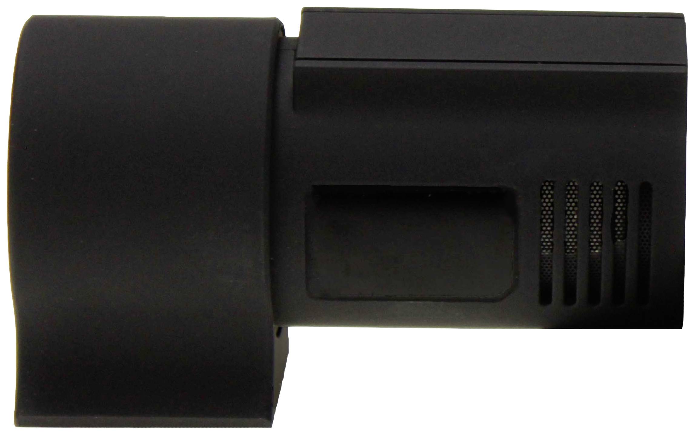 Appareil électrique noir avec des fentes de ventilation sur le côté, probablement un composant d'un système technique ou d'un accessoire.