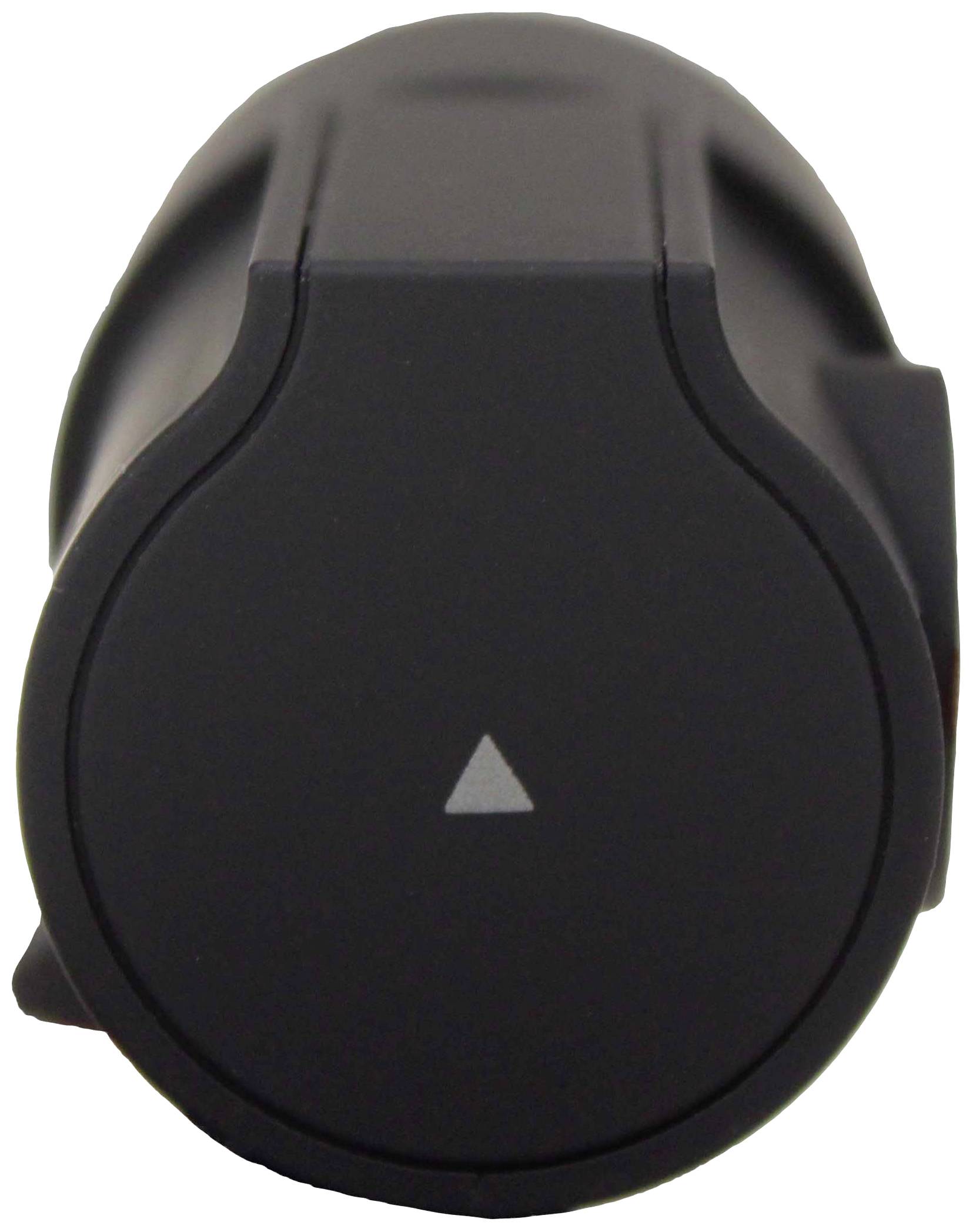 Un bouton noir cylindrique avec un petit centre triangulaire blanc, symbole de la direction de la fonction ou du mode de fonctionnement.