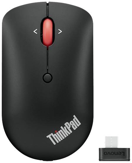 Souris Lenovo ThinkPad noire avec molette de défilement rouge et récepteur USB sans fil, adaptée pour la commande d'ordinateur.