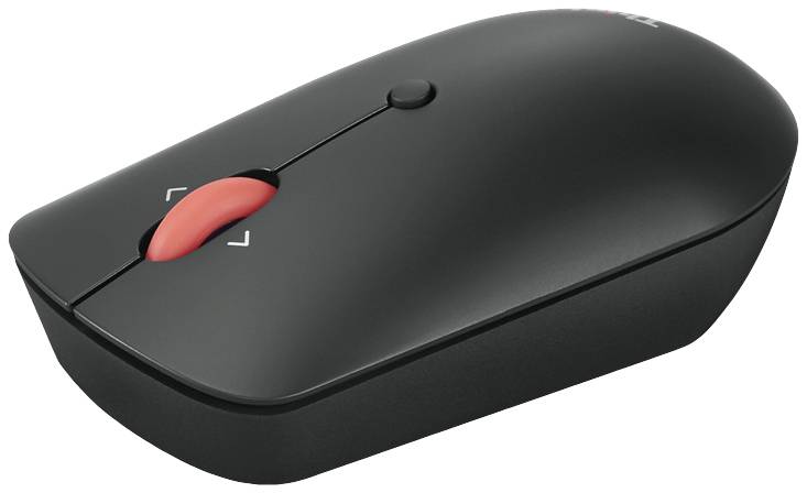 Souris d'ordinateur sans fil noire avec molette de défilement rouge.