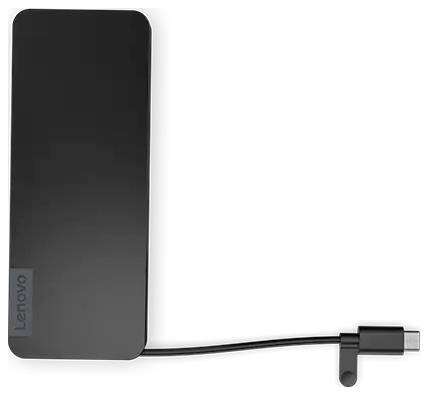 Une batterie externe Lenovo noire avec un câble USB-C intégré sur un fond blanc.