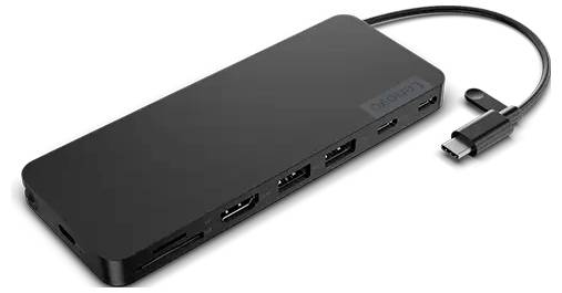 Hub USB-C avec plusieurs ports, dont HDMI, USB-A et lecteur de cartes SD, montrant des possibilités de connexion polyvalentes.